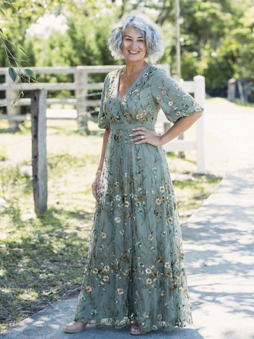 Ivy™  | Floral V Neck Short Sleeve Maxi Dress