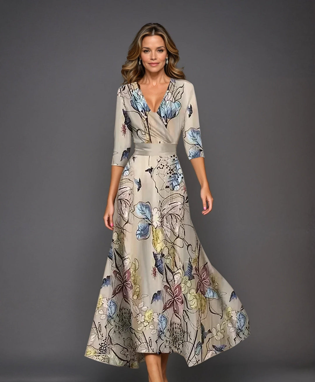 Margaret | Three Quarter Sleeve Floral Maxi Wrap Dress