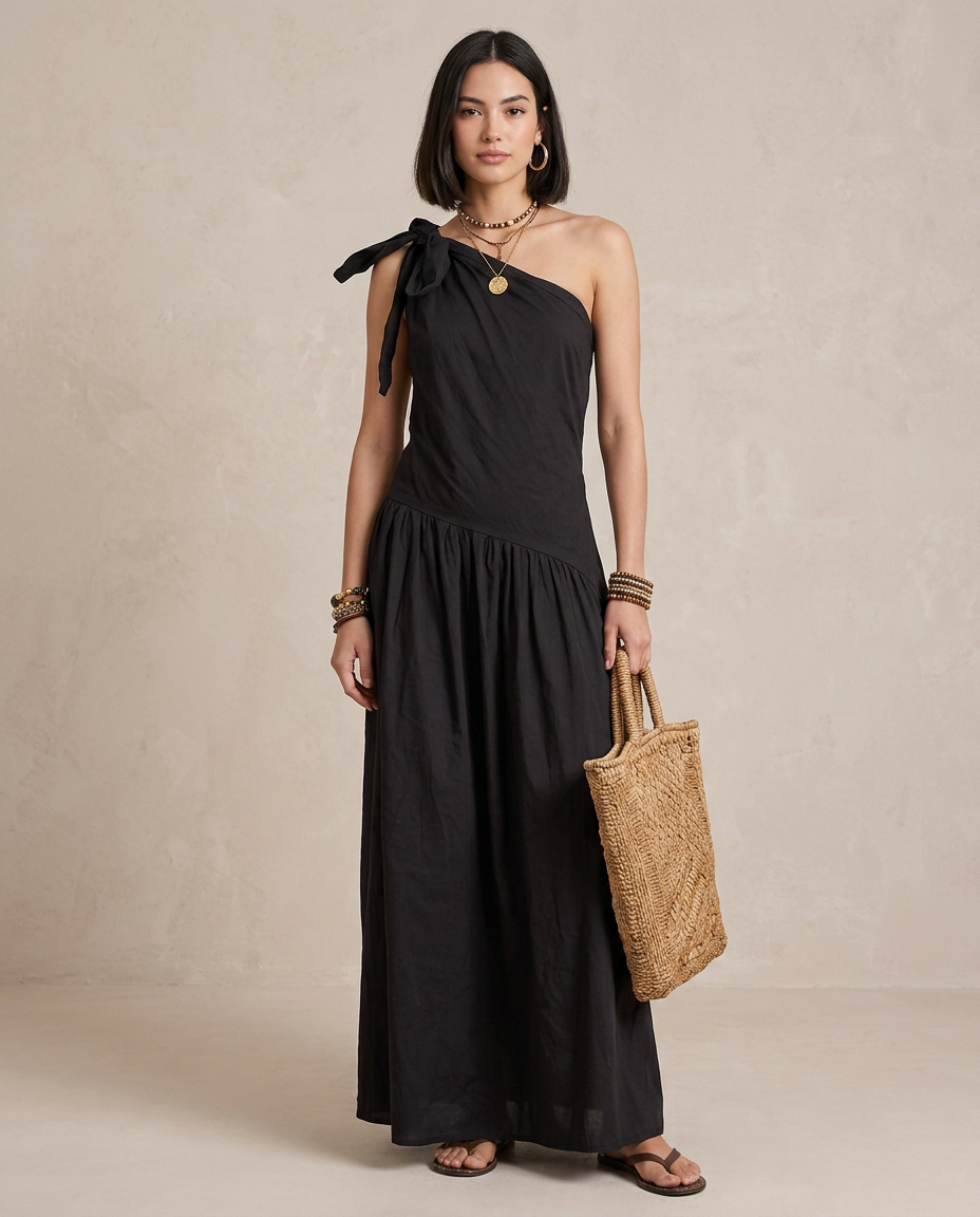 SELENA | Elegant Black One-Shoulder Maxi Dress