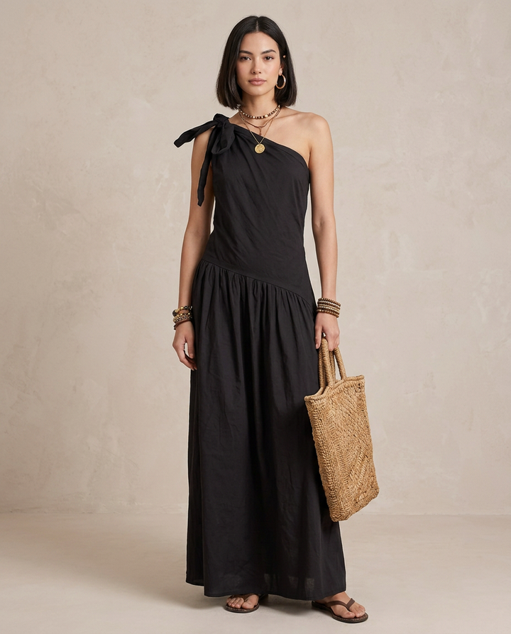 SELENA | Elegant Black One-Shoulder Maxi Dress