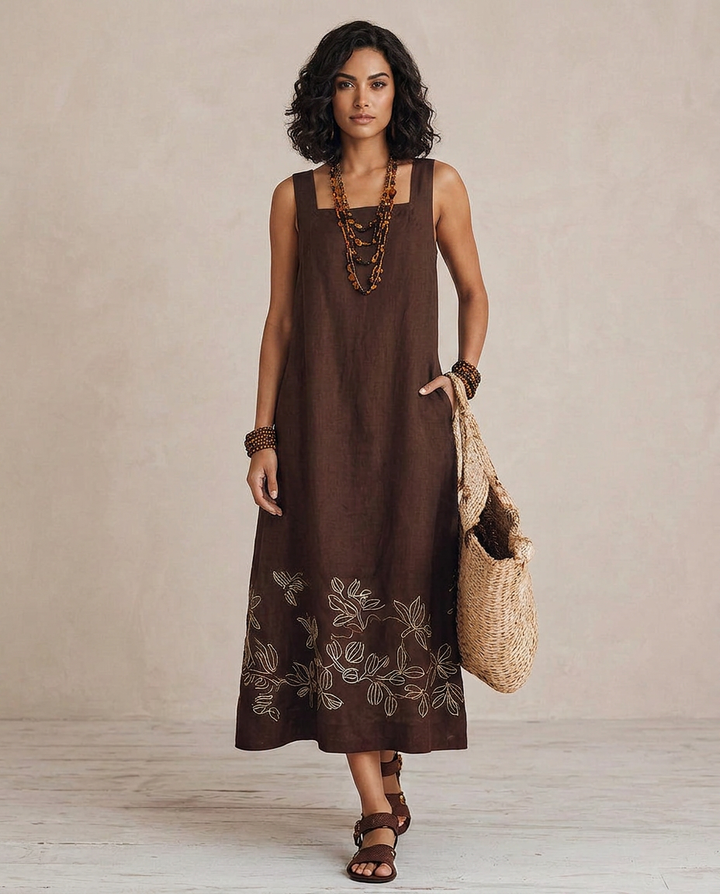 NOEMI | Boho Embroidered Midi Dress in Linen