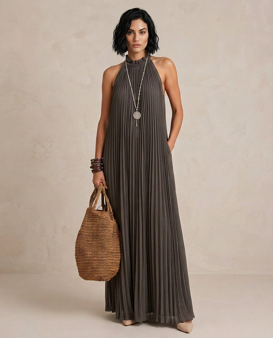 LIRA | Gray Maxi Halter Dress with Pleated Design