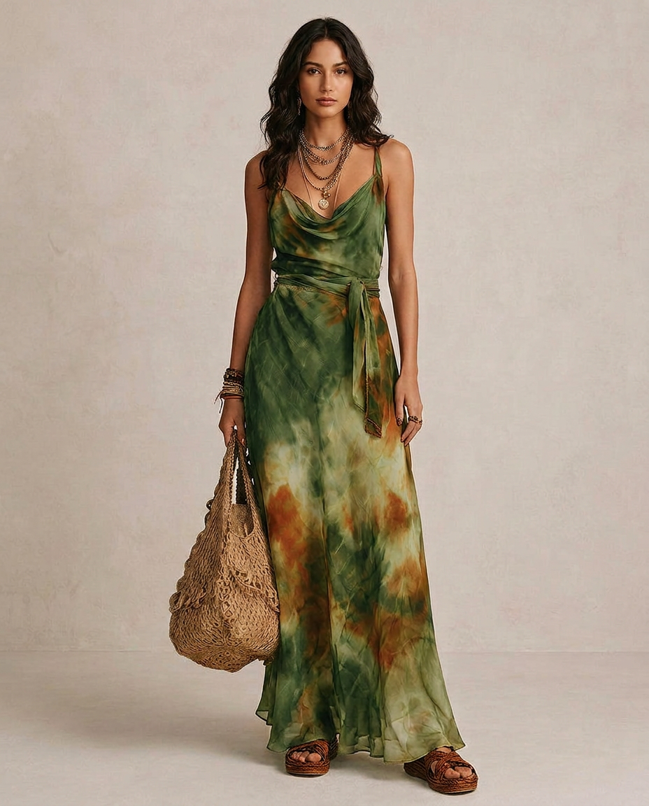 ELIRA | Abstract Green Maxi Dress