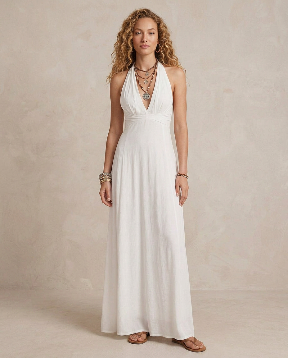ELORA | Ivory Halter Neck Maxi Dress