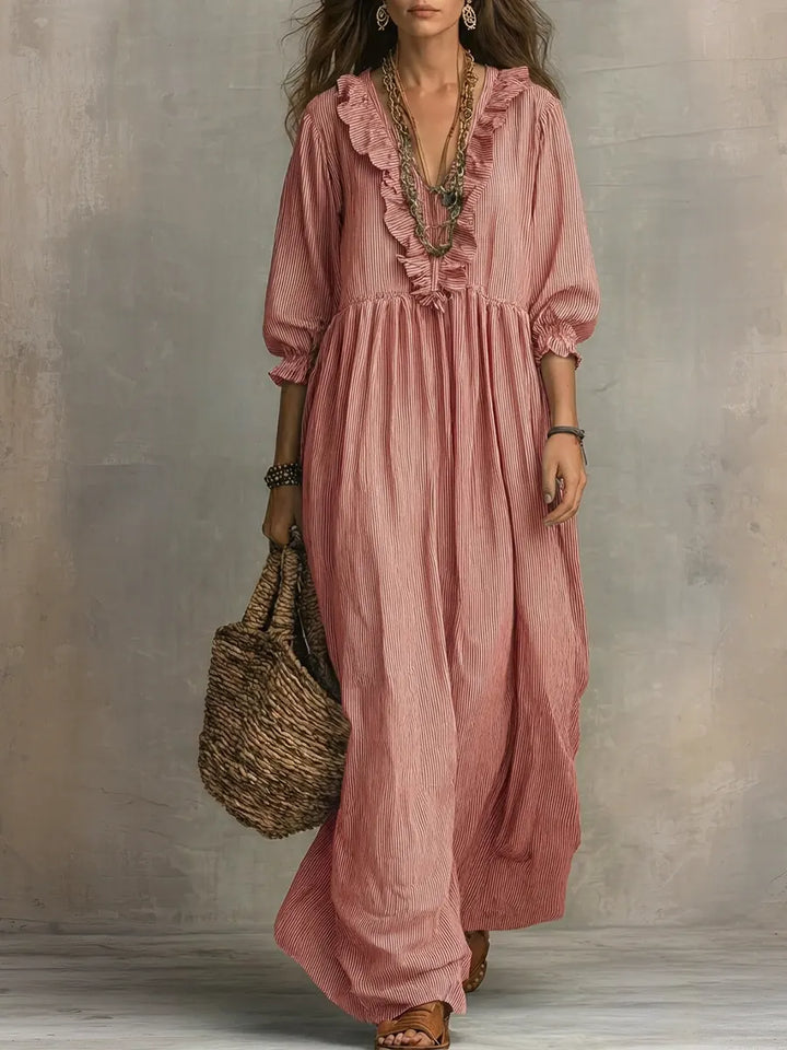 Women's Striped Art Print Casual Stylish Ruffled Vacation Maxi Dress