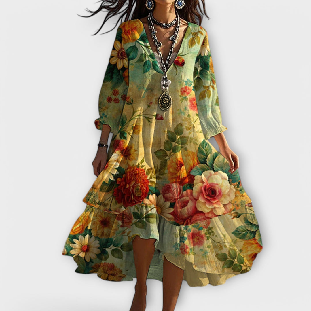 Marina - Retro Bohemian Floral V-Neck Dress