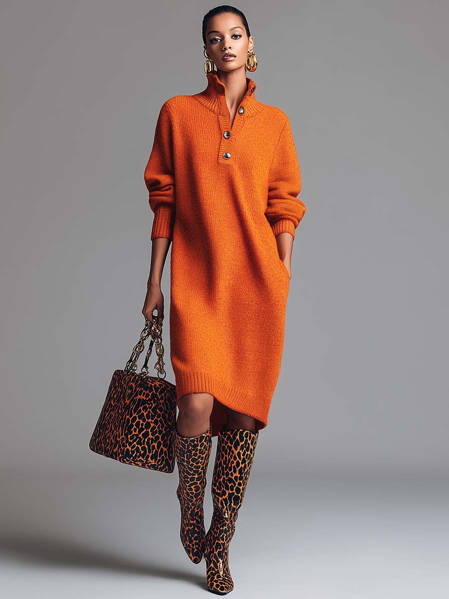 Jasmine™ | Button Neck Knit-Style Dress